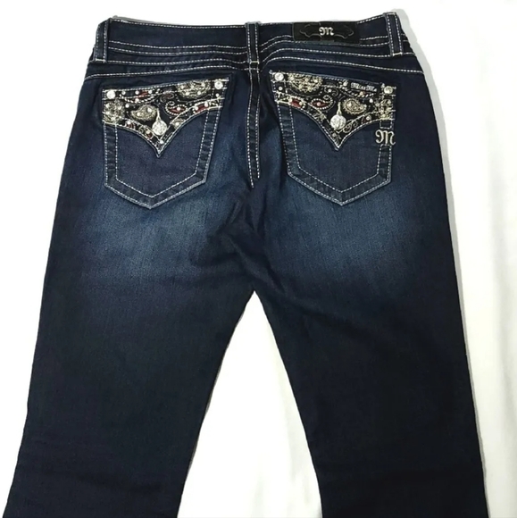 Miss Me jeans Sz 28 Signature Boot Stretch Denim Low Rise Red Bling Dark EUC - Picture 13 of 14